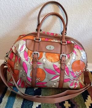 Fossil Key-Per Floral Print Canvas Weekender Travel Duffel Orange/Pink/ Tan Bag